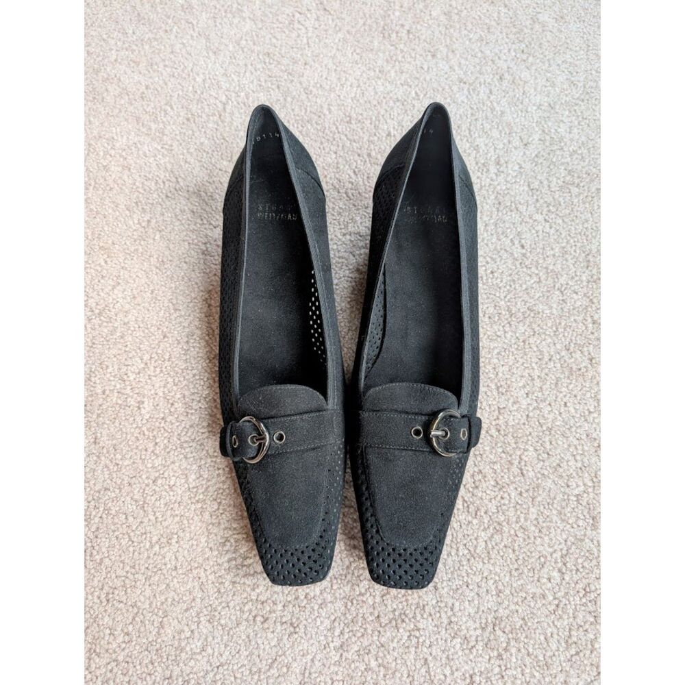 Stuart Weitzman Fairfield Black Perforated Suede Heels 8 Pewter Hardware